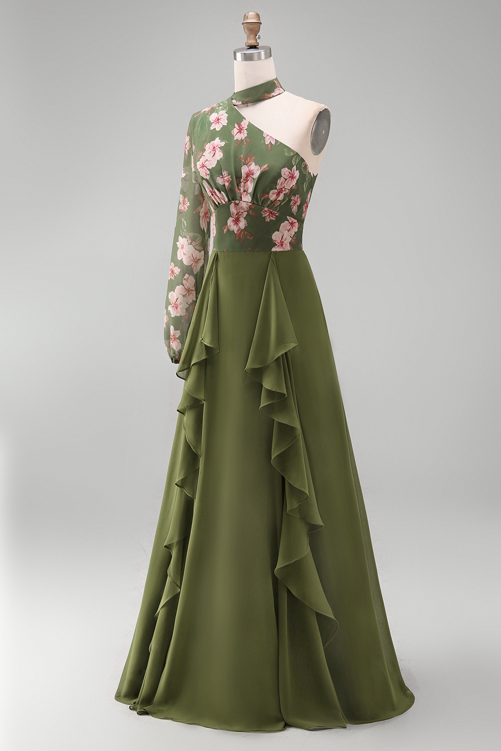 Eucalyptus A Line Ruffled Long Wedding Guest Dress
