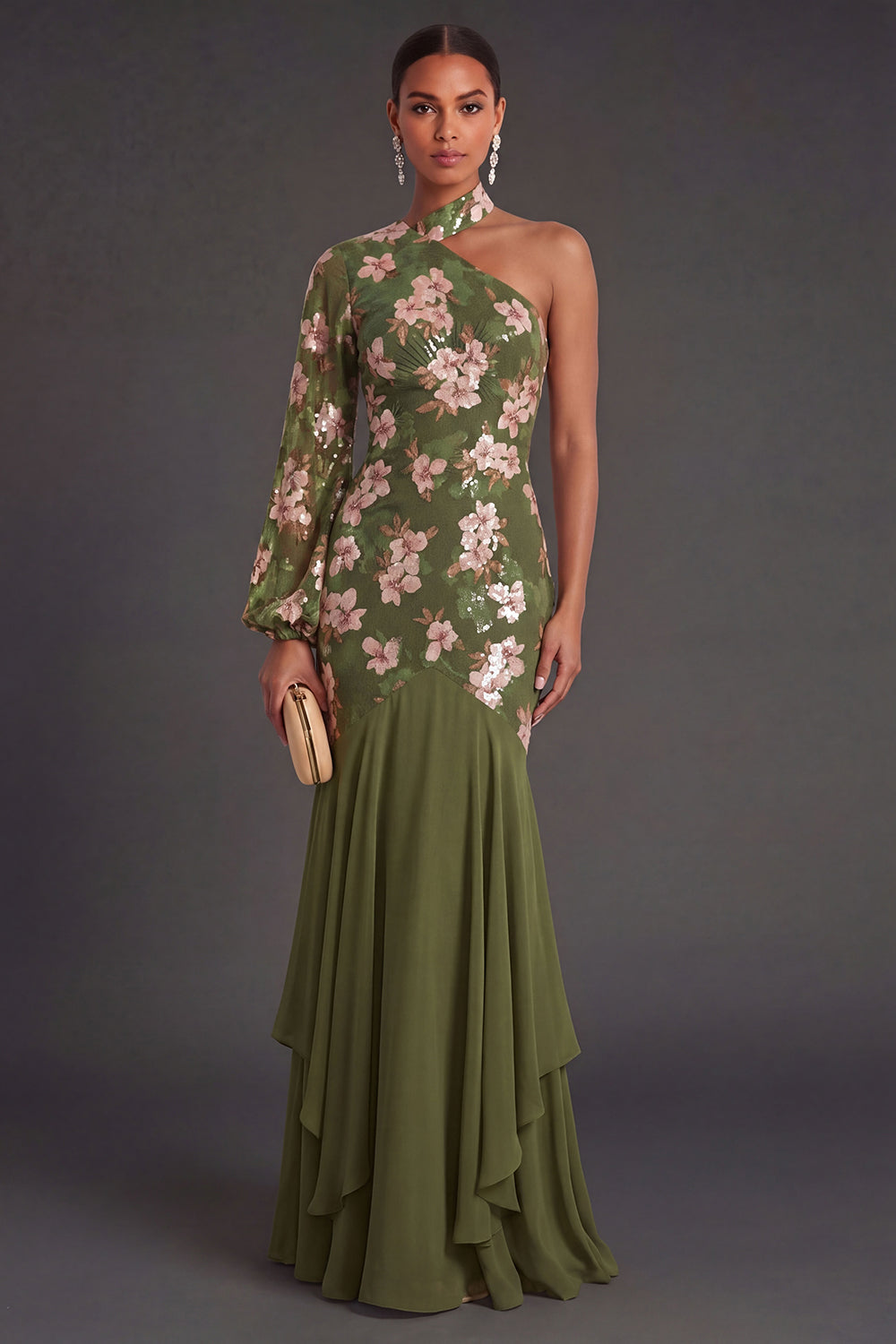 Mermaid Eucalyptus Ruffled Long Wedding Guest Dress