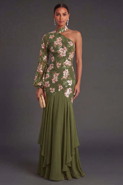 Leely Women Mermaid Eucalyptus Ruffled Long Wedding Guest Dress One Shoulder Backless Garden Party Dress