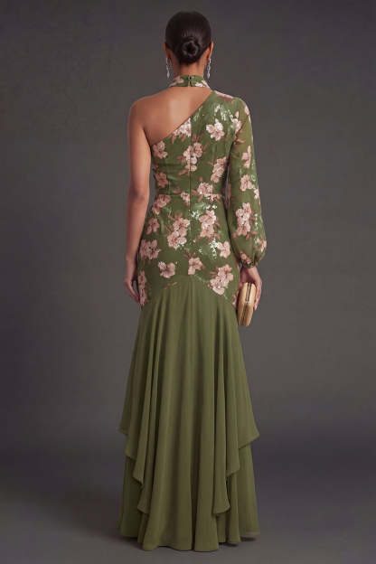 Mermaid Eucalyptus Ruffled Long Wedding Guest Dress
