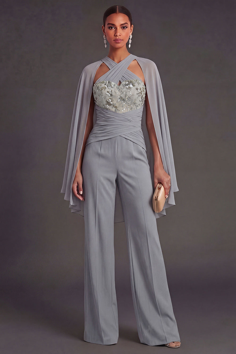 Leely Women Floral Grey Blue Appliqued Long Formal Jumpsuits Halter Neck Sleeveless Wedding Guest Dress