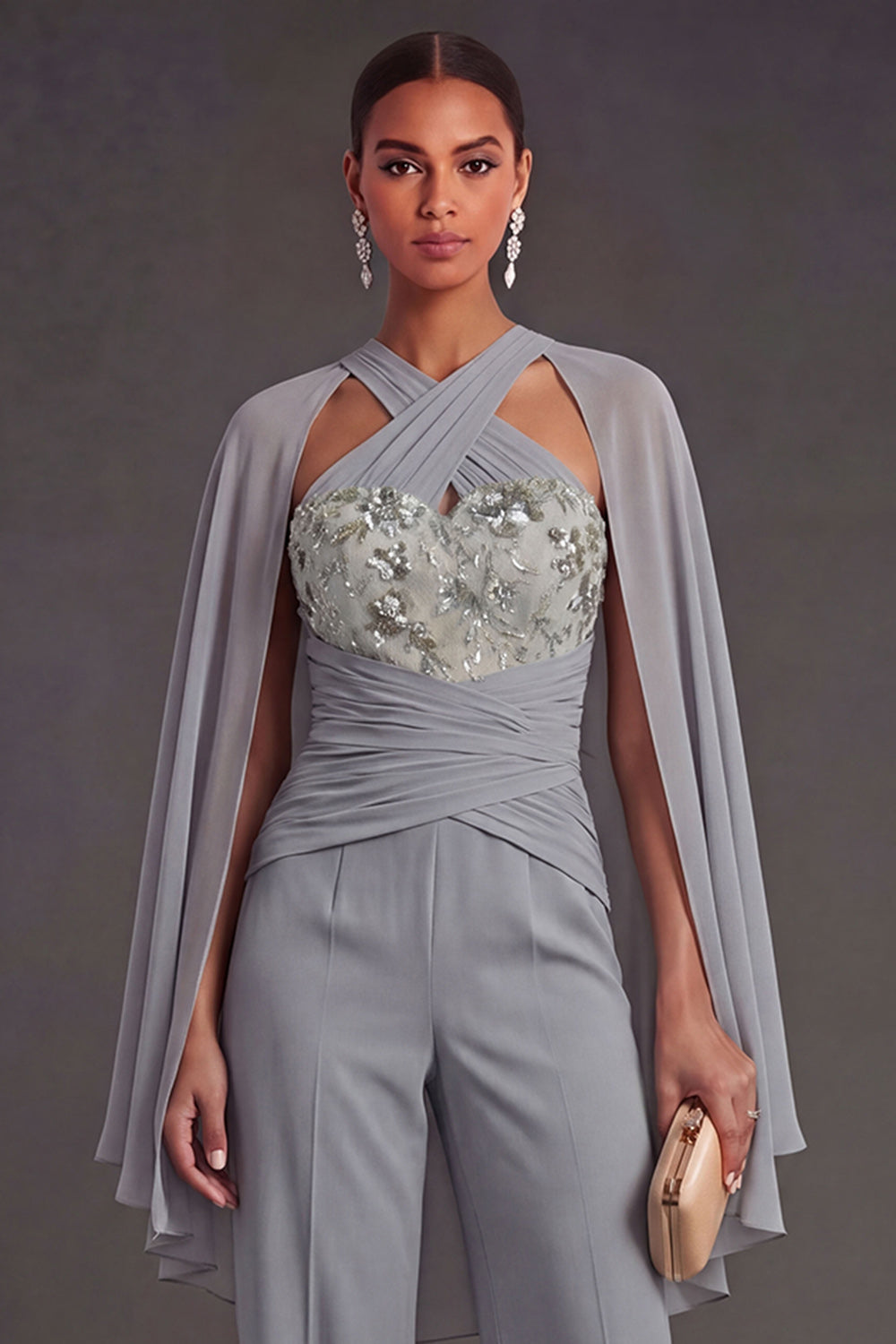 Floral Grey Blue Appliqued Long Formal Jumpsuits