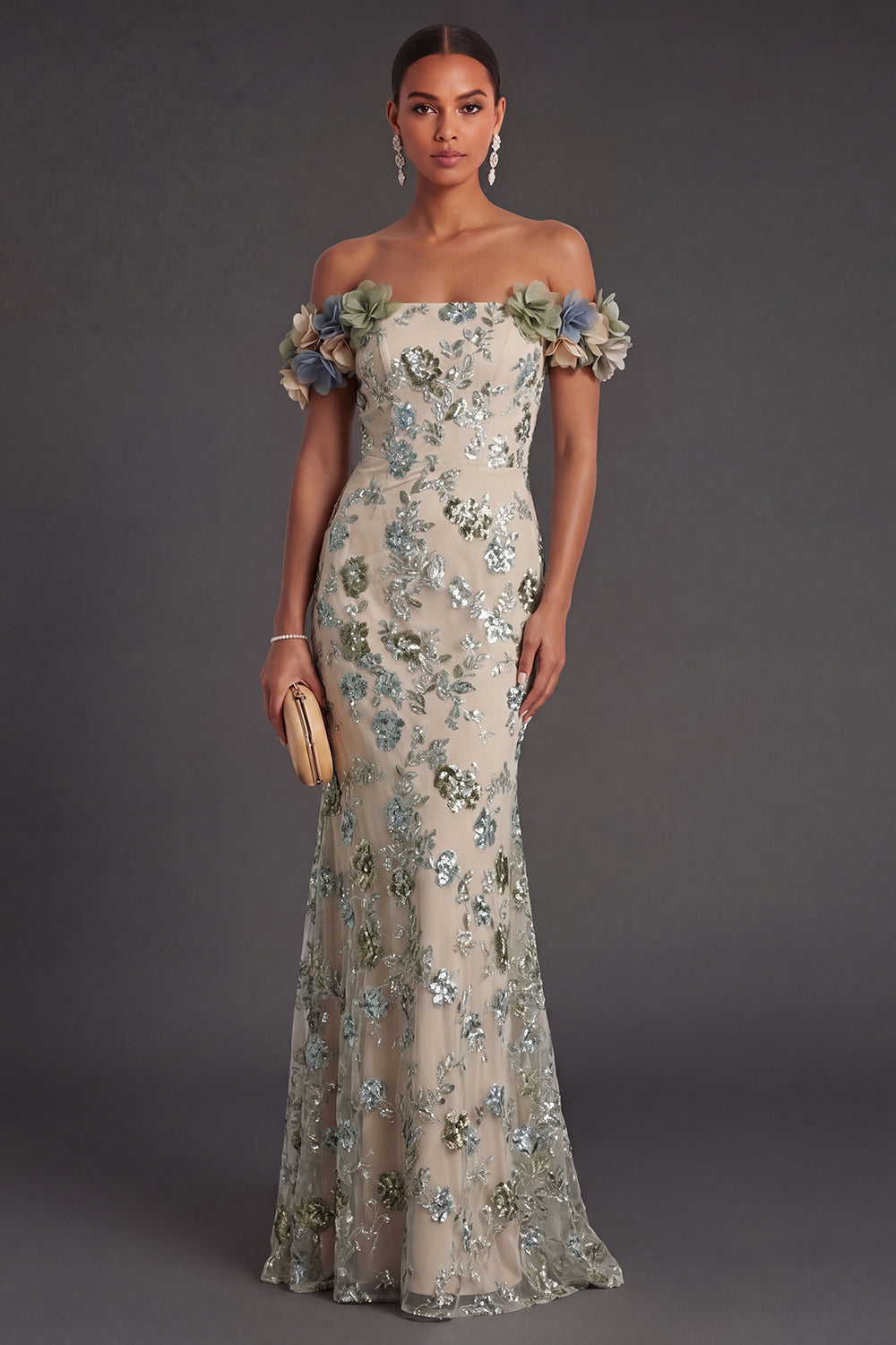 Sparkly Dusty Sage Mermaid Long Wedding Guest Dress