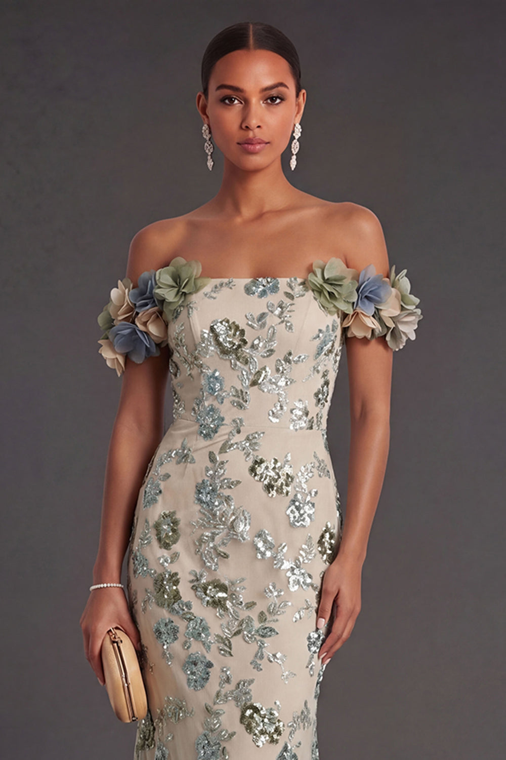 Sparkly Dusty Sage Mermaid Long Wedding Guest Dress