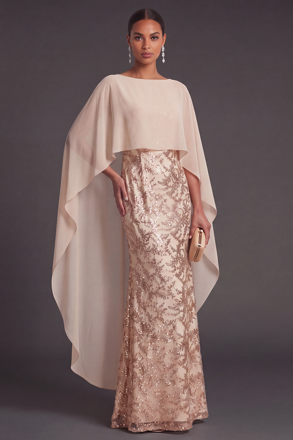 Champagne Mermaid Appliqued Long Wedding Guest Dress with Cape