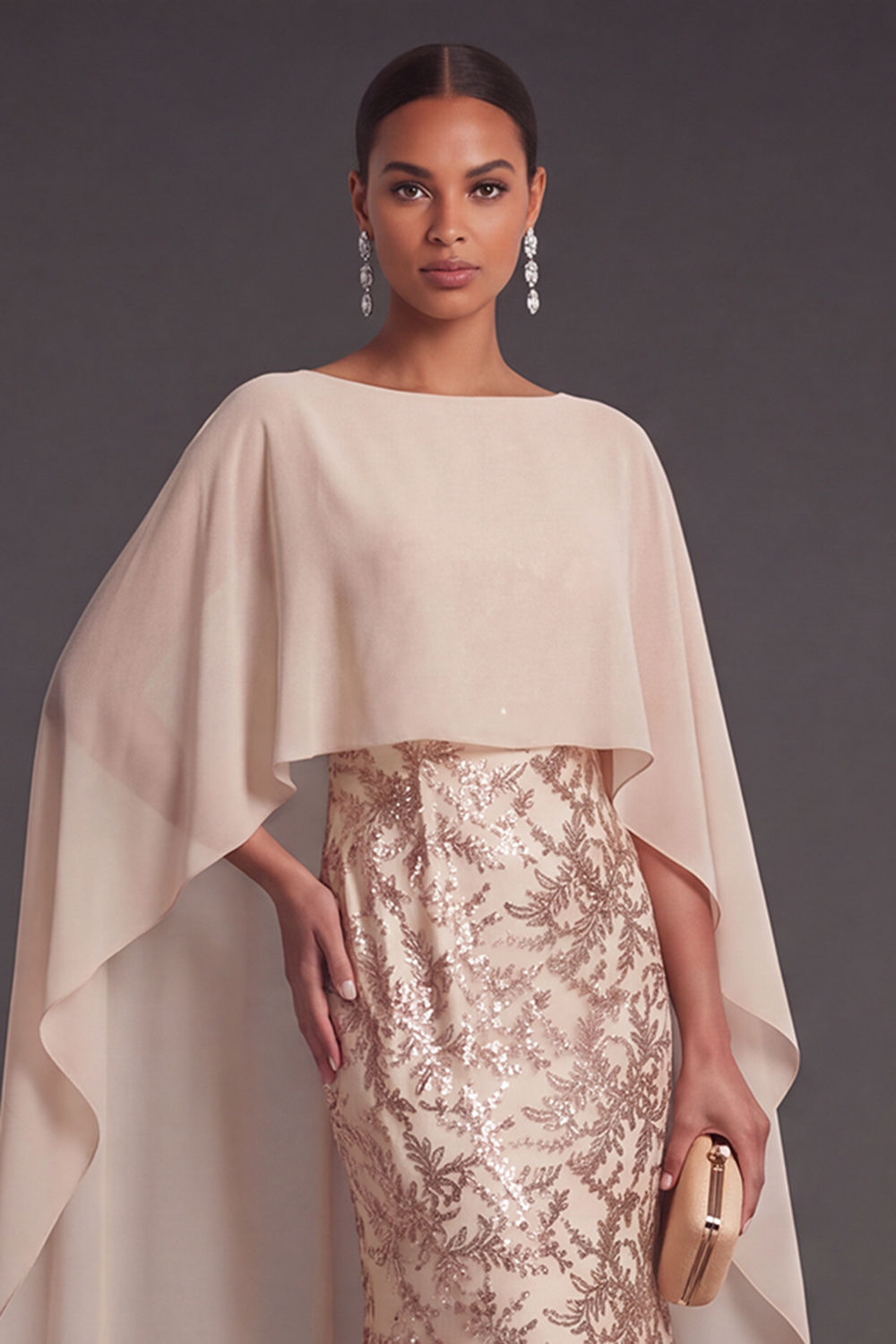 Champagne Mermaid Appliqued Long Wedding Guest Dress with Cape