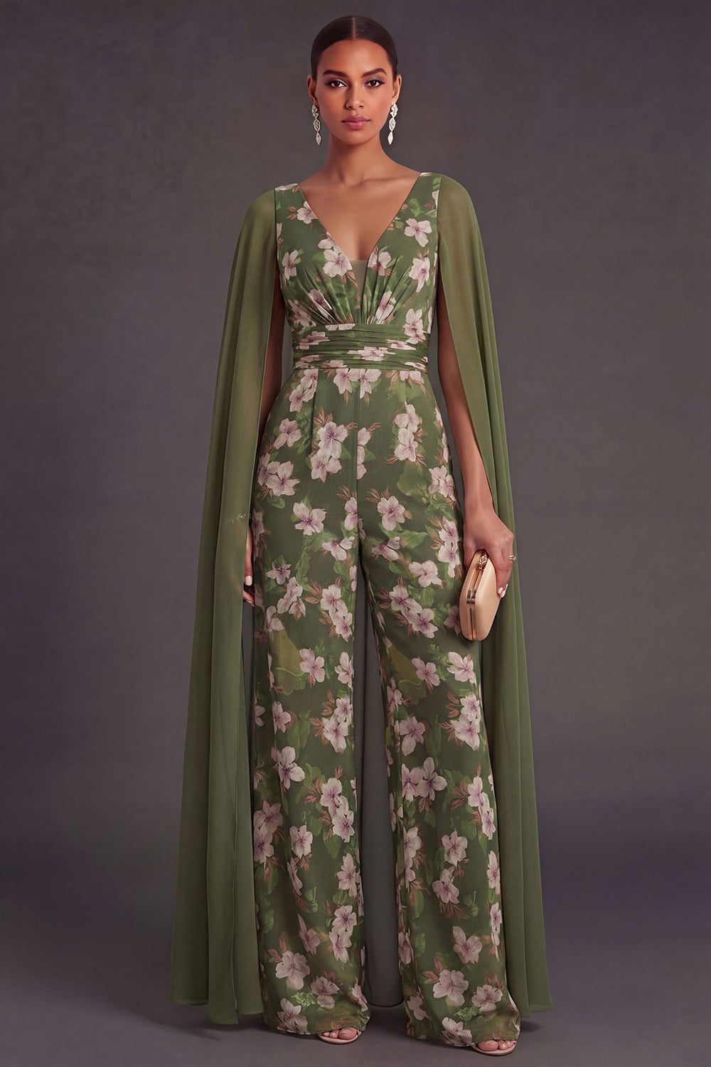 Floral V Neck Eucalyptus Long Formal Jumpsuit with Cape