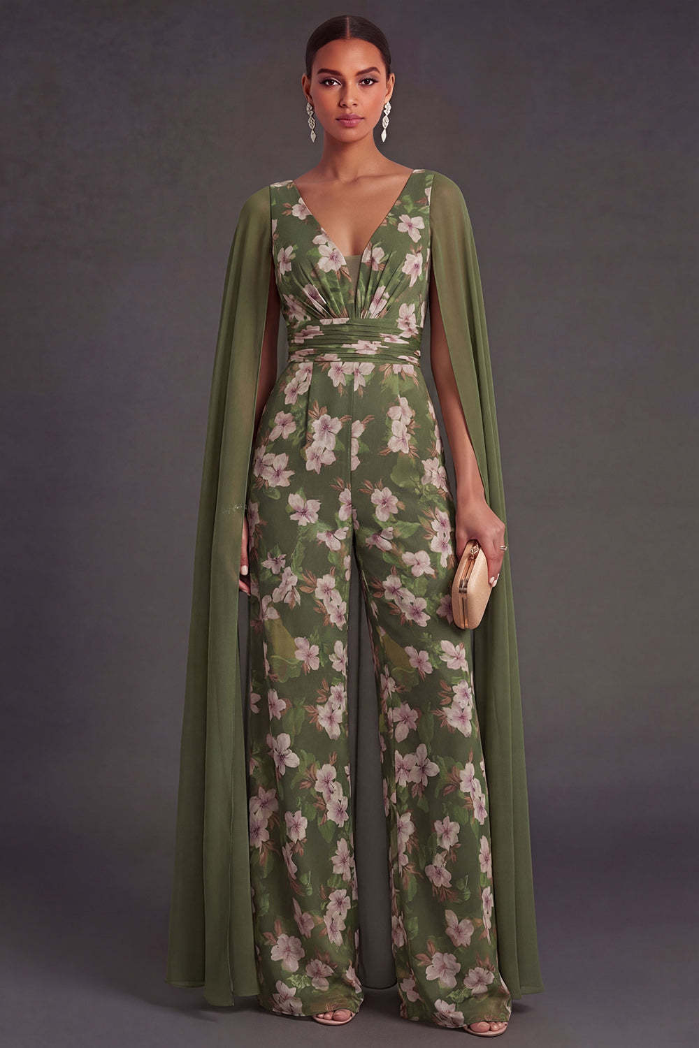 Leely Women Floral Eucalyptus Long Formal Jumpsuit with Cape V Neck Sleeveless Wedding Guest Dress