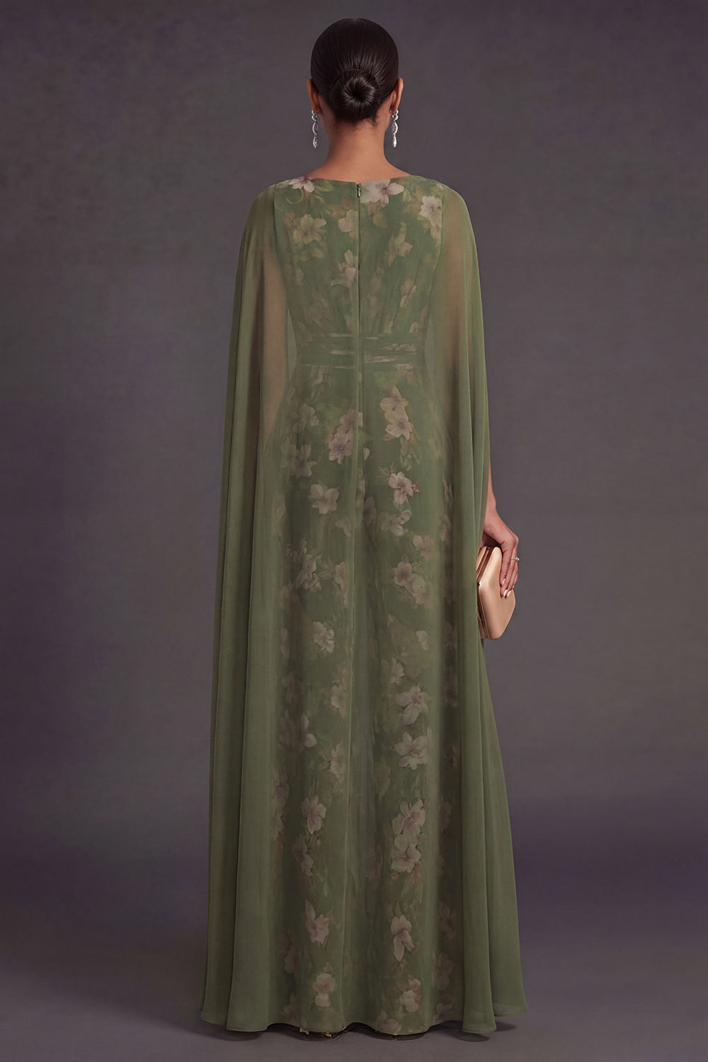 Floral V Neck Eucalyptus Long Formal Jumpsuit with Cape