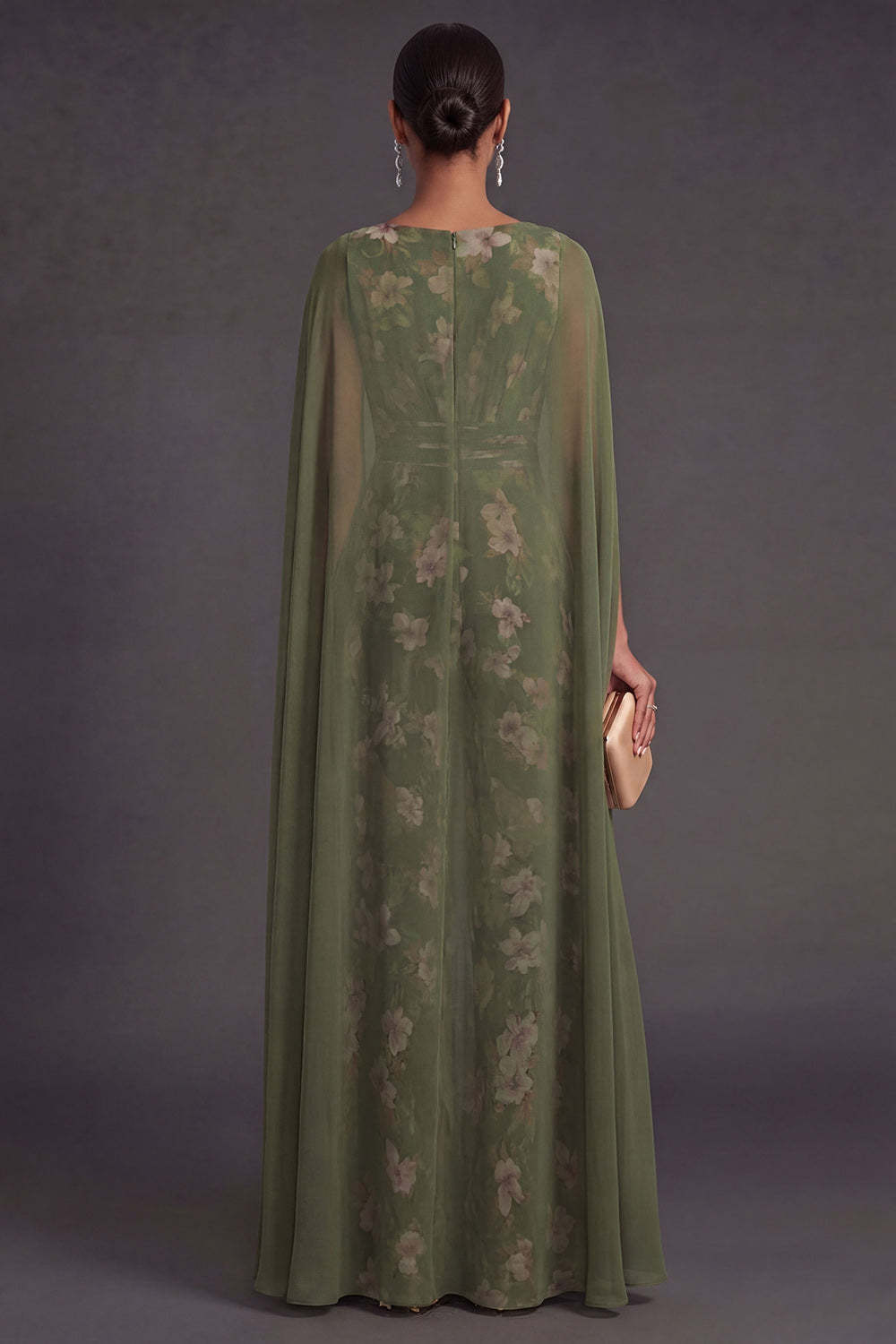 Floral V Neck Eucalyptus Long Formal Jumpsuit with Cape