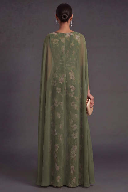 Floral V Neck Eucalyptus Long Formal Jumpsuit with Cape