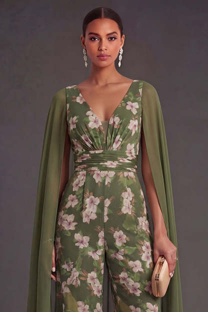 Floral V Neck Eucalyptus Long Formal Jumpsuit with Cape