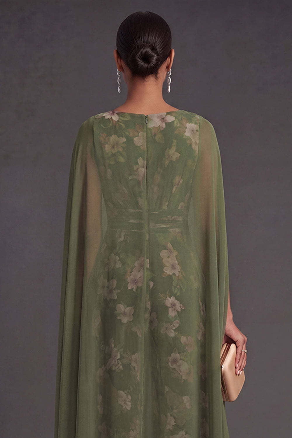 Floral V Neck Eucalyptus Long Formal Jumpsuit with Cape