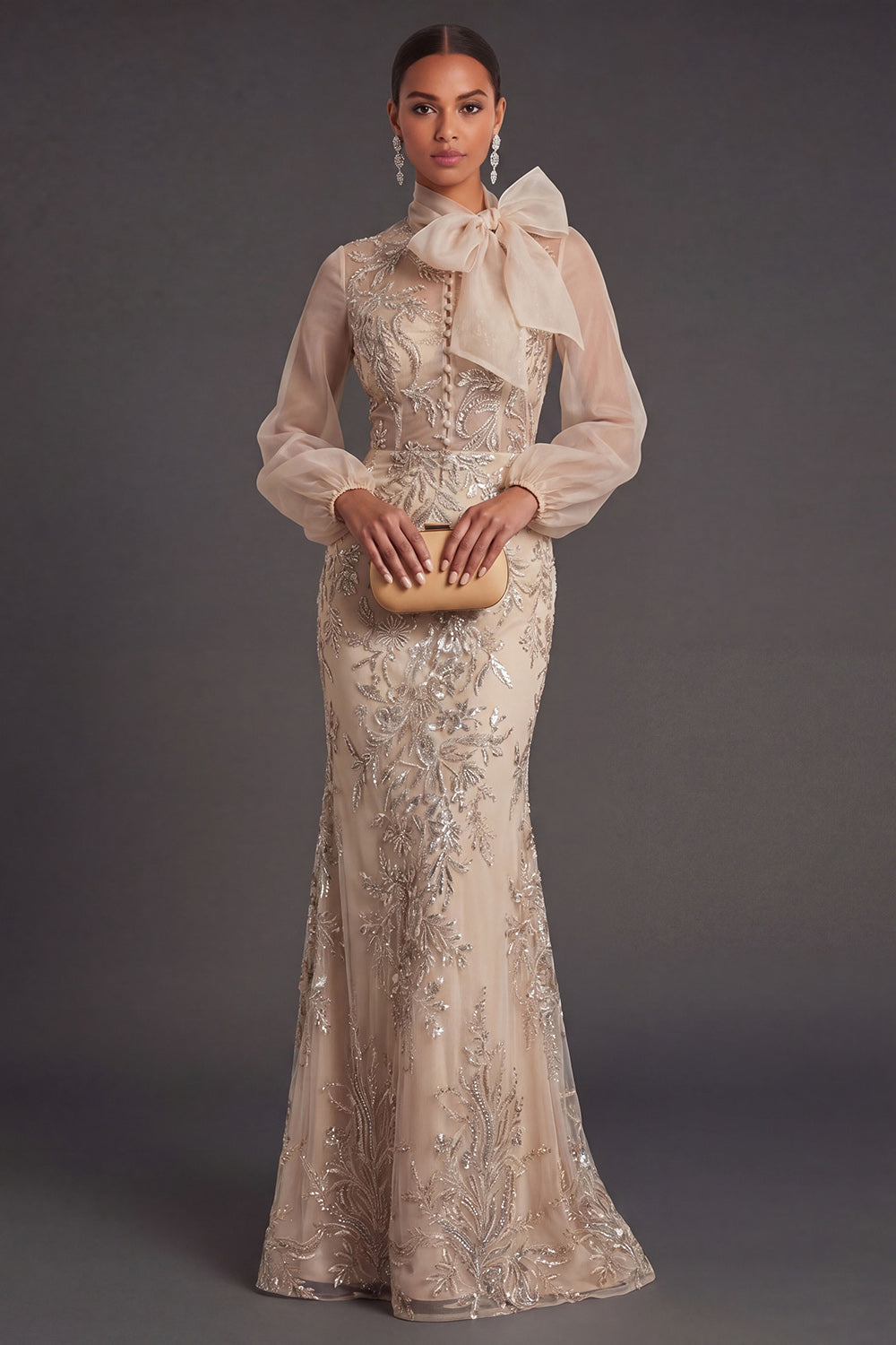 Leely Women Mermaid Champagne Floral Long Formal Dress Long Sleeves Appliqued Evening Dress