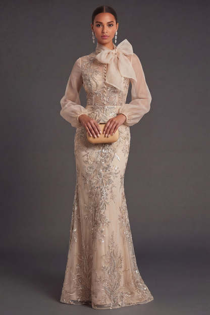 Leely Women Mermaid Champagne Floral Long Formal Dress Long Sleeves Appliqued Evening Dress