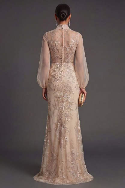 Mermaid Champagne Floral Appliqued Long Formal Dress