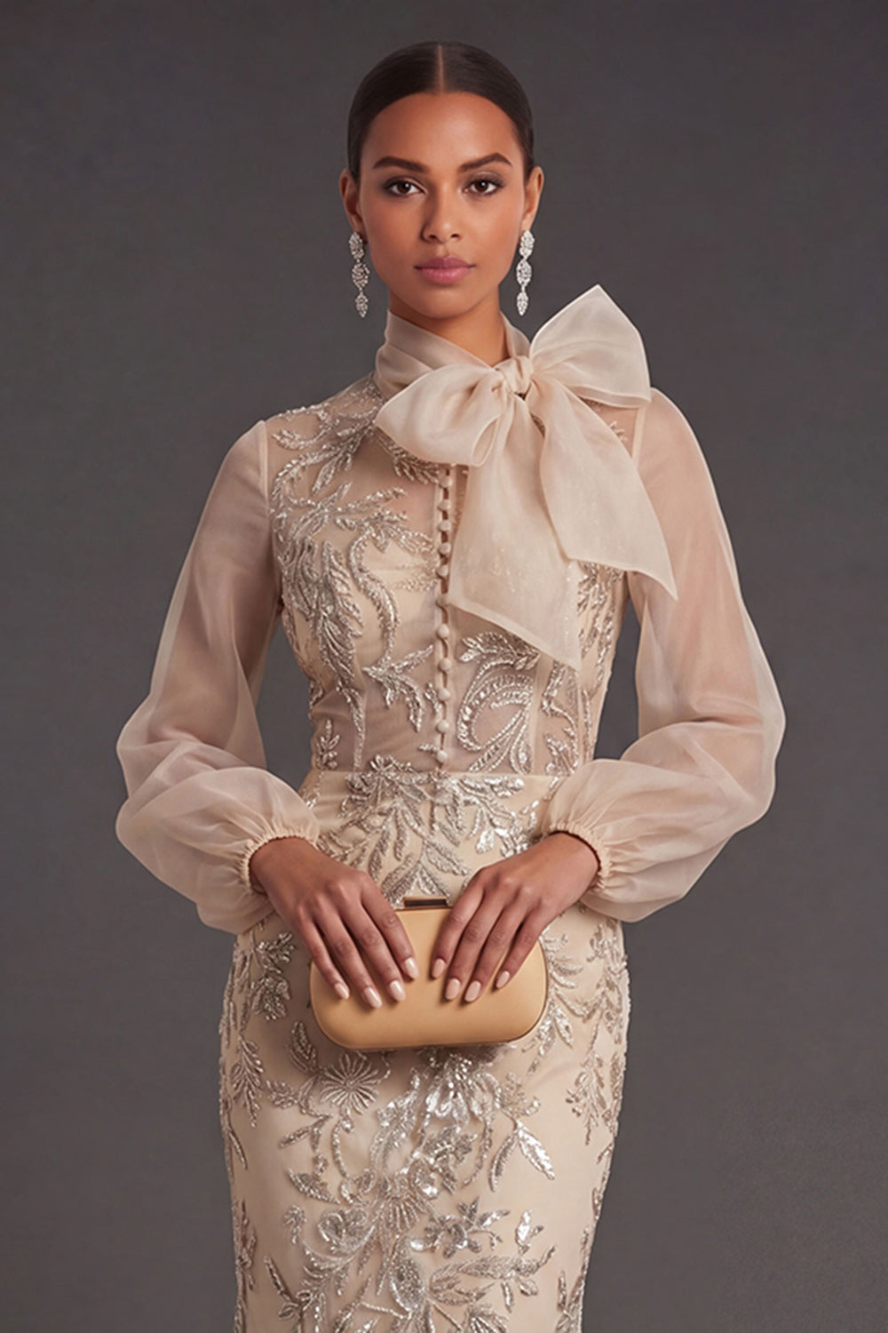 Mermaid Champagne Floral Appliqued Long Formal Dress