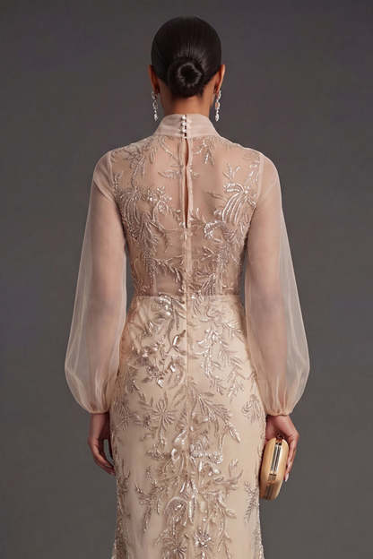Mermaid Champagne Floral Appliqued Long Formal Dress
