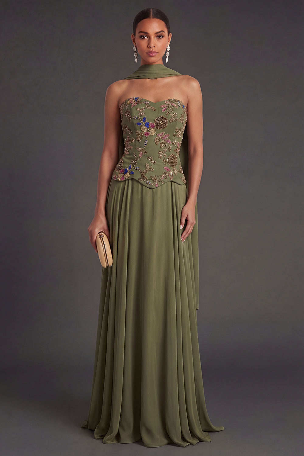 Leely Women A Line Olive Appliqued Floral Long Wedding Guest Dress Backless Strapless Garden Party Dress