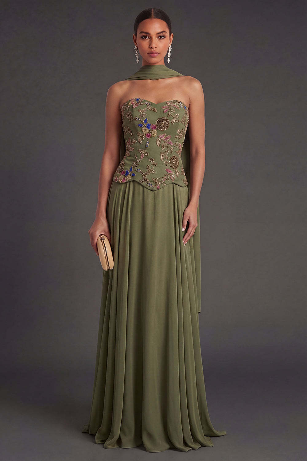 Leely Women A Line Olive Appliqued Floral Long Wedding Guest Dress Backless Strapless Garden Party Dress