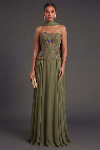 Leely Women A Line Olive Appliqued Floral Long Wedding Guest Dress Backless Strapless Garden Party Dress