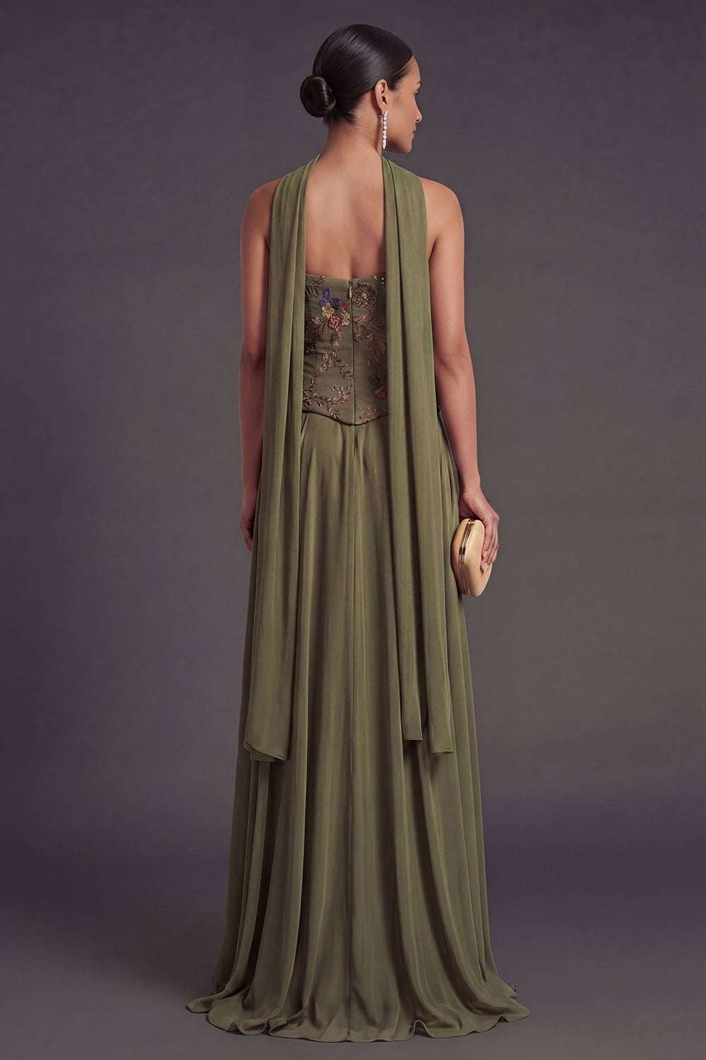 A Line Olive Appliqued Floral Long Wedding Guest Dress