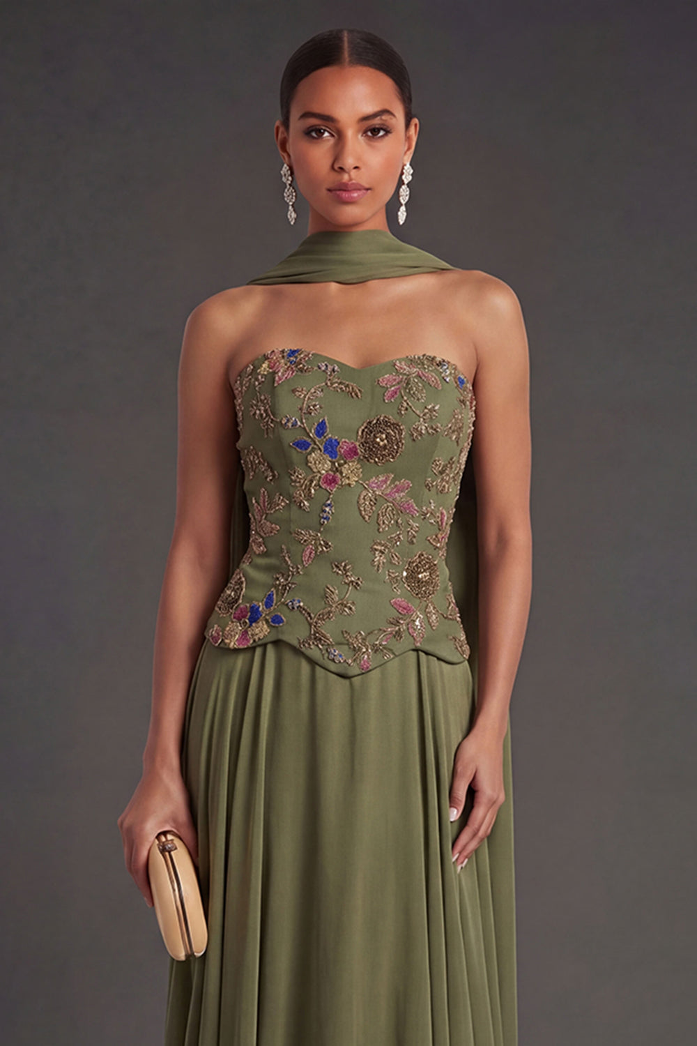 A Line Olive Appliqued Floral Long Wedding Guest Dress