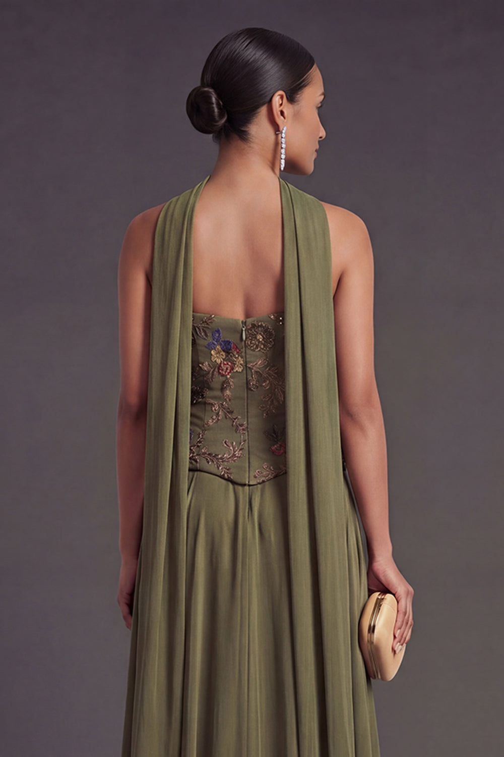 A Line Olive Appliqued Floral Long Wedding Guest Dress