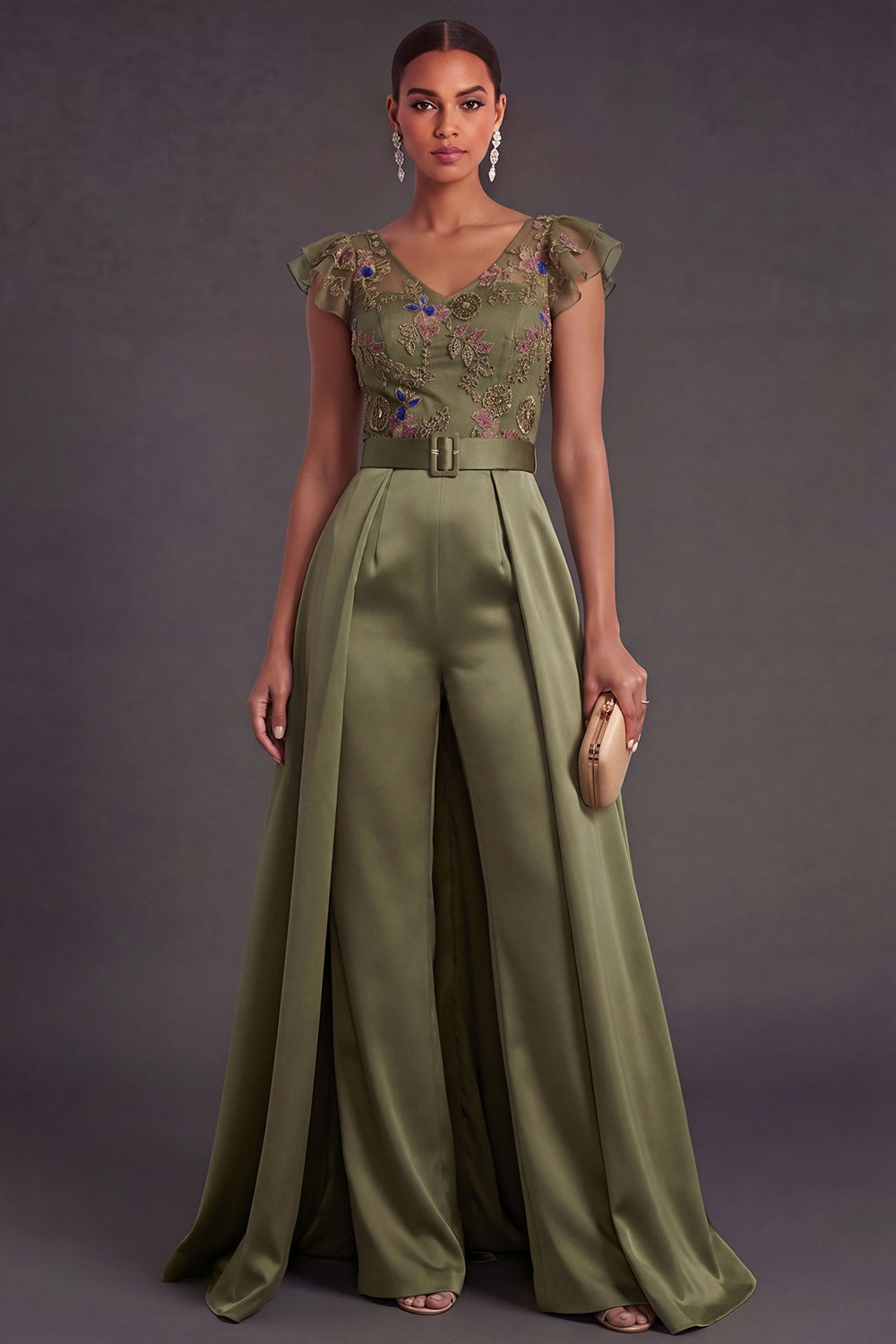 Ruffled Olive Floral Long Formal Jumpsuit with Belt
