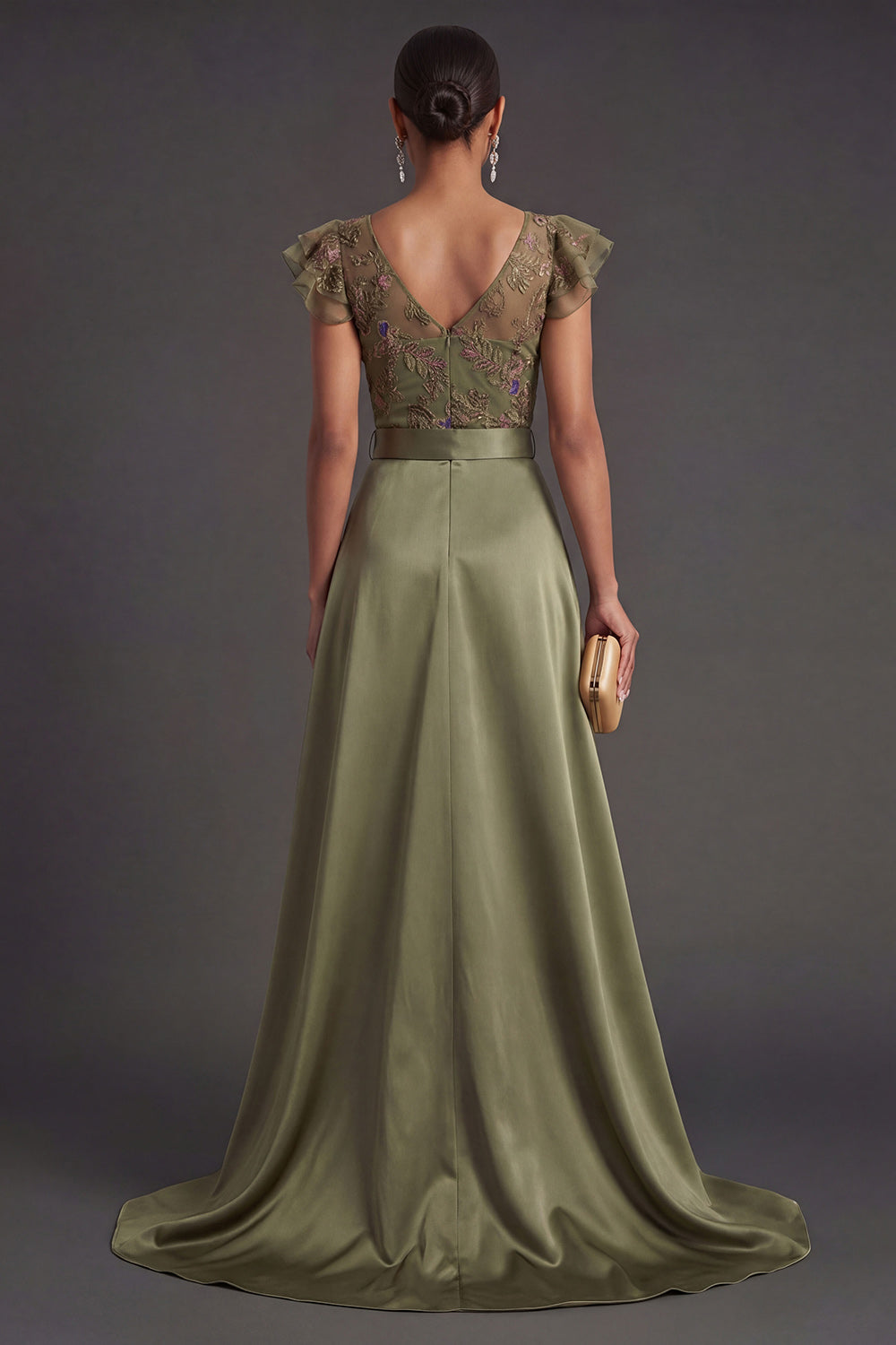 Ruffled Olive Floral Long Formal Jumpsuit with Belt