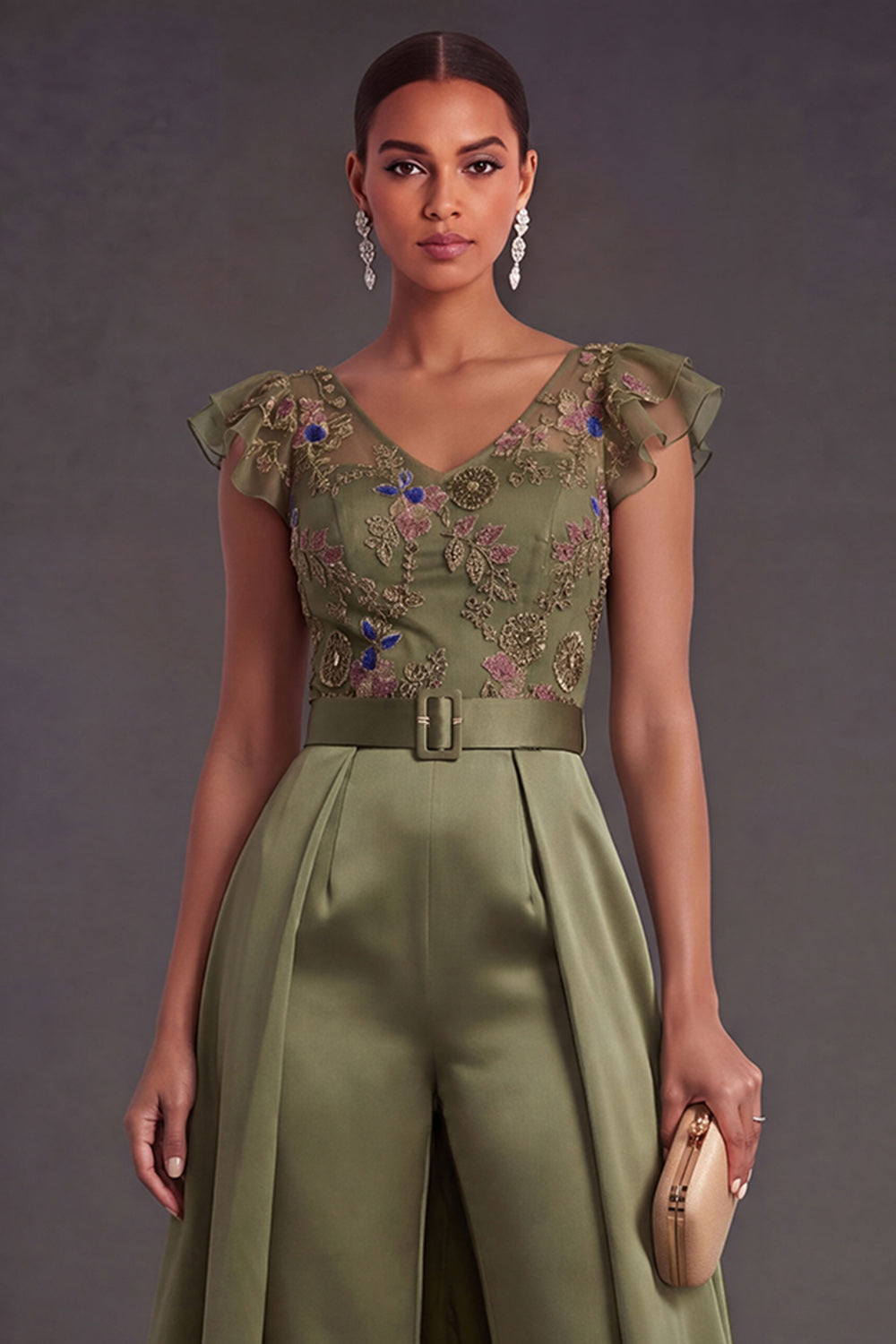 Ruffled Olive Floral Long Formal Jumpsuit with Belt