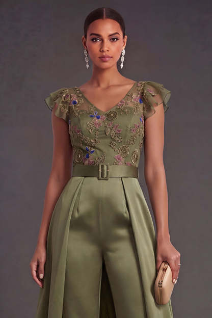 Ruffled Olive Floral Long Formal Jumpsuit with Belt