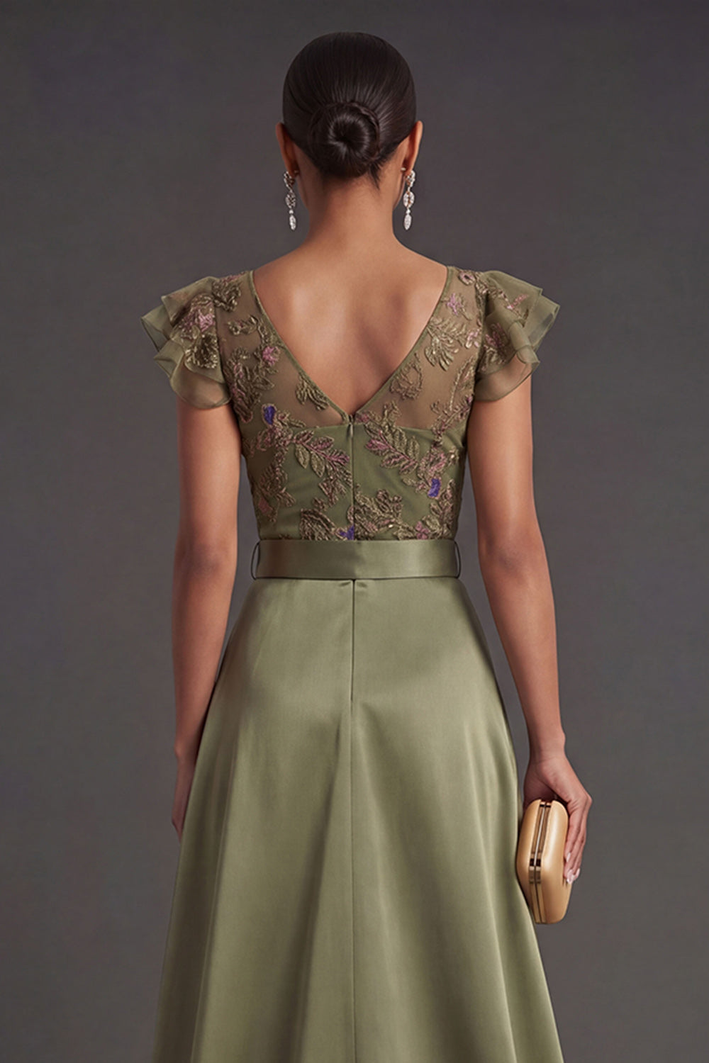 Ruffled Olive Floral Long Formal Jumpsuit with Belt