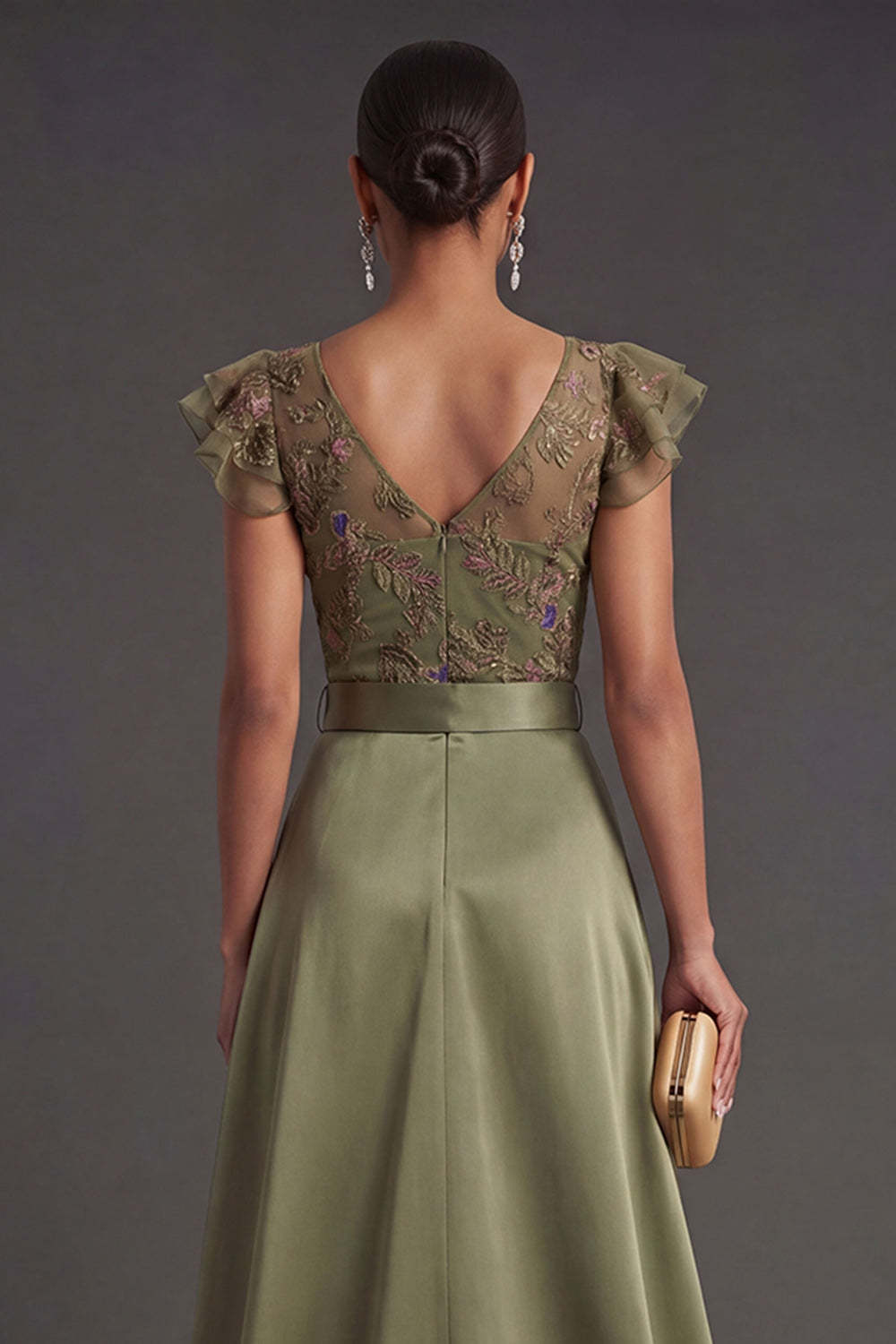 Ruffled Olive Floral Long Formal Jumpsuit with Belt