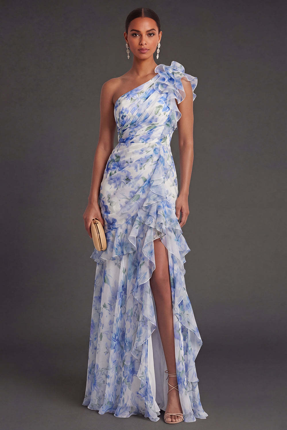 Leely Women Light Blue Floral A Line Long Wedding Guest Dress with Slit Backless Sleeveless One Shoulder Garden Party Dress