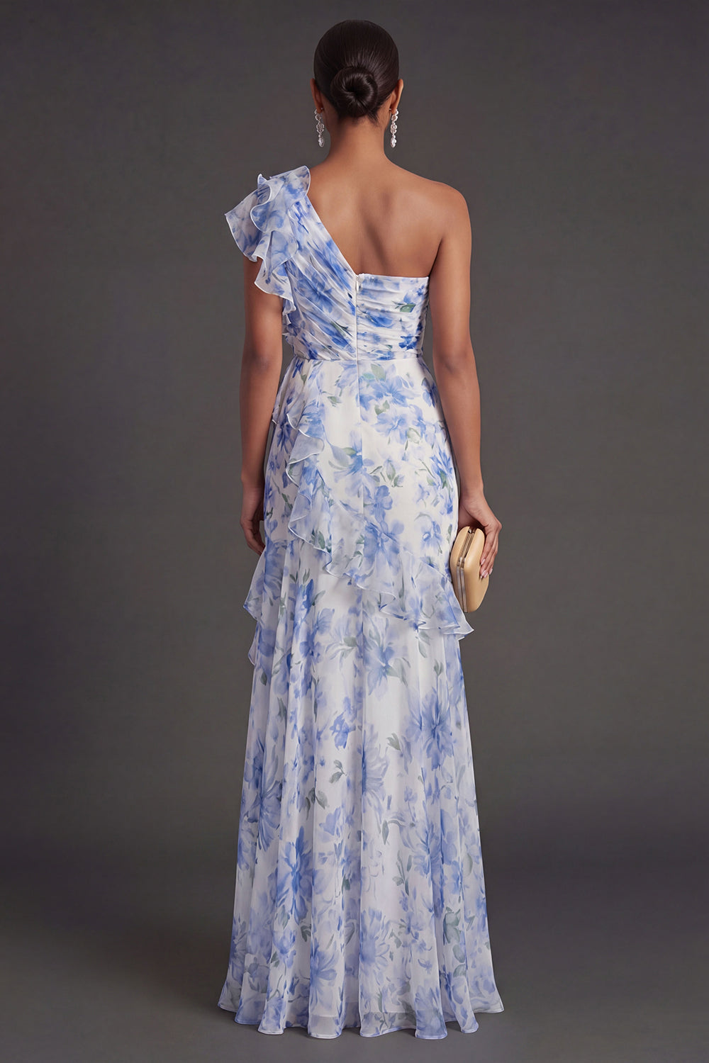 Light Blue Floral A Line Long Wedding Guest Dress with Slit
