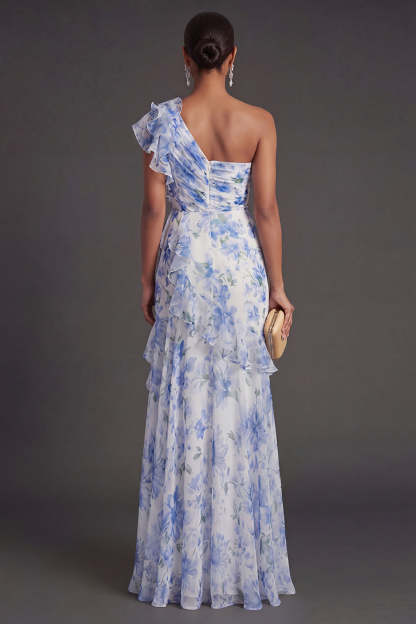 Light Blue Floral A Line Long Wedding Guest Dress with Slit