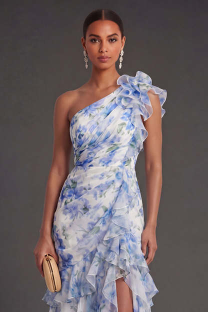 Light Blue Floral A Line Long Wedding Guest Dress with Slit