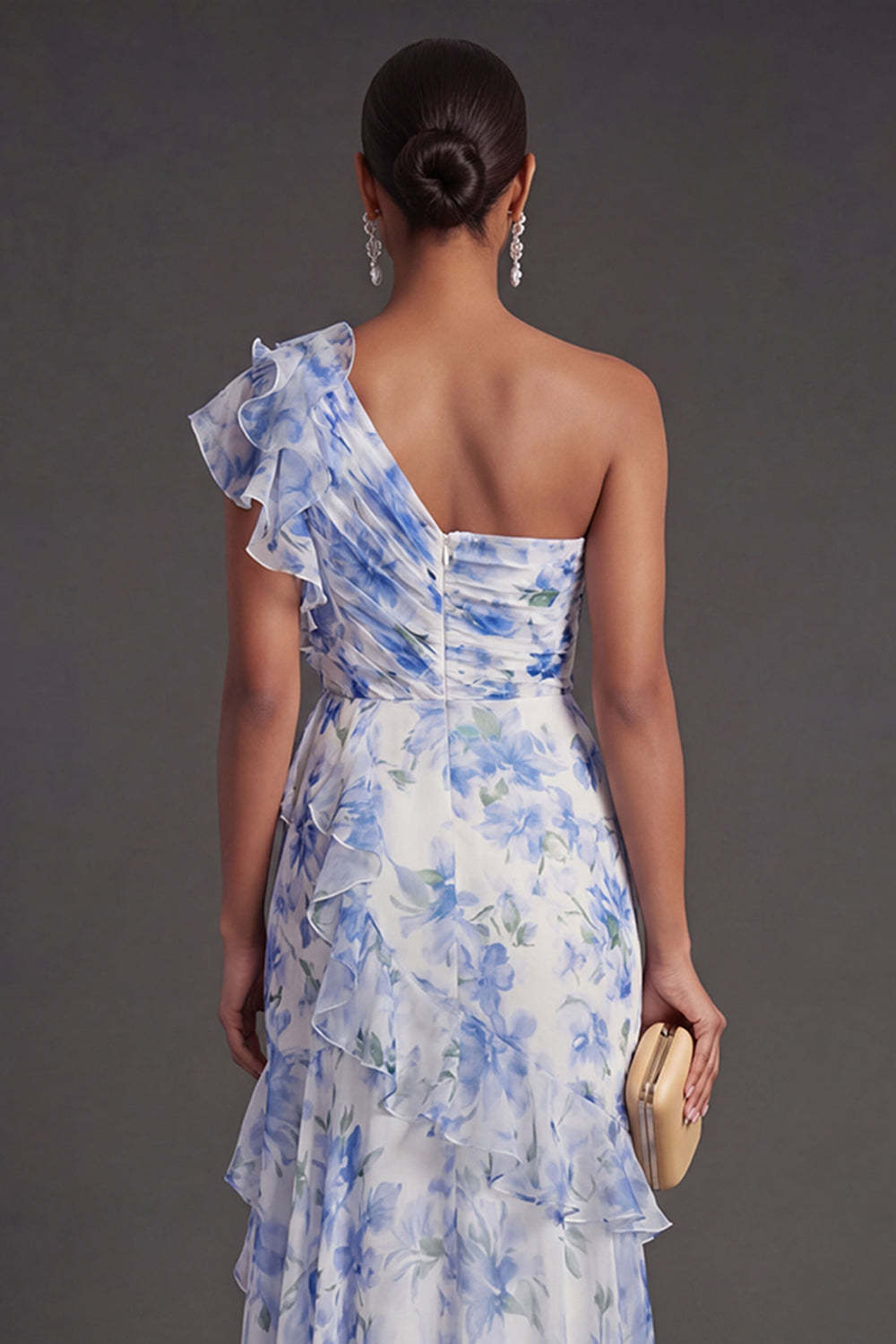 Light Blue Floral A Line Long Wedding Guest Dress with Slit