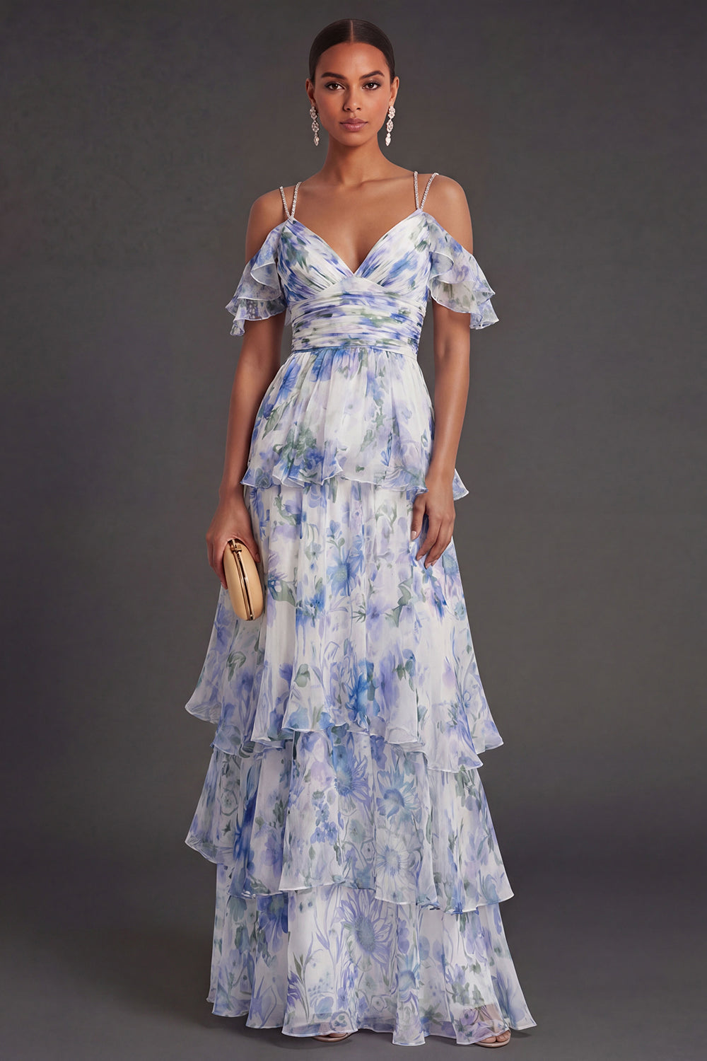 Leely Women Light Blue Floral Tiered Ruffled Long Wedding Guest Dress Cold Shoulder Backless Garden Party Dress