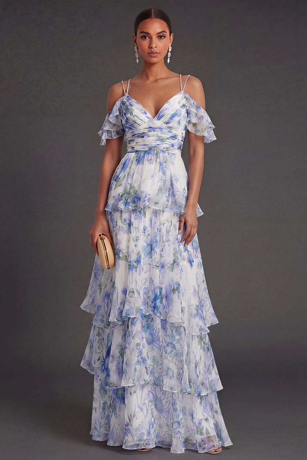 Leely Women Light Blue Floral Tiered Ruffled Long Wedding Guest Dress Cold Shoulder Backless Garden Party Dress
