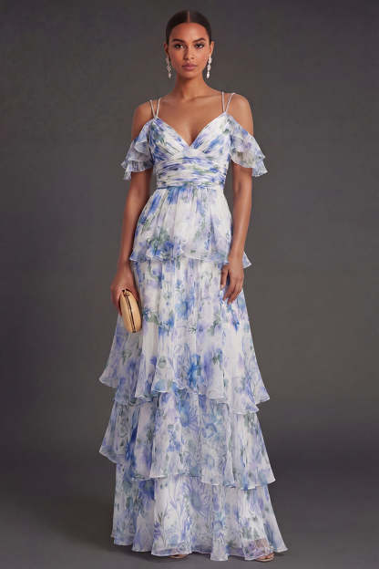 Leely Women Light Blue Floral Tiered Ruffled Long Wedding Guest Dress Cold Shoulder Backless Garden Party Dress