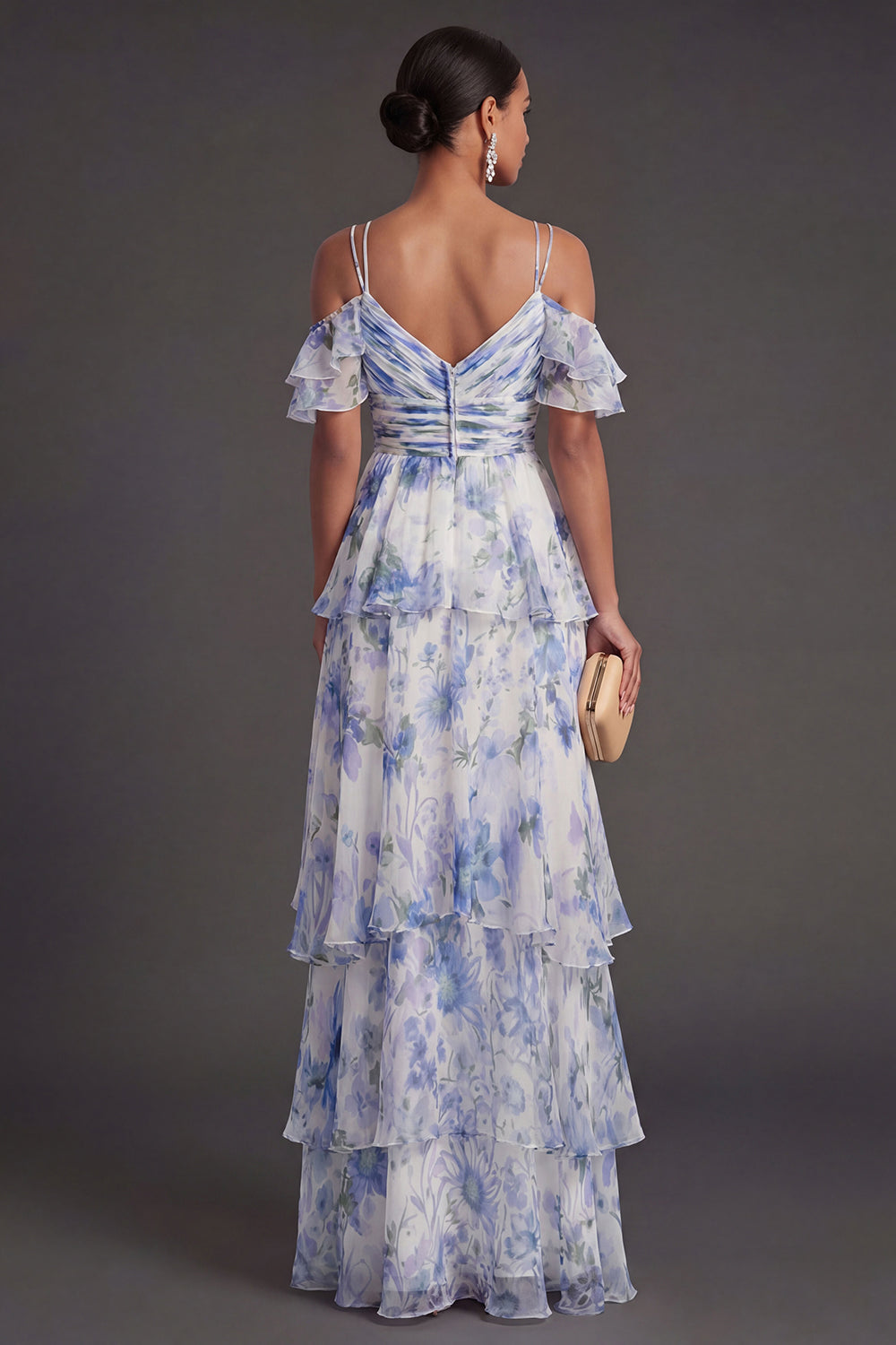 Light Blue Floral Tiered Ruffled Long Wedding Guest Dress