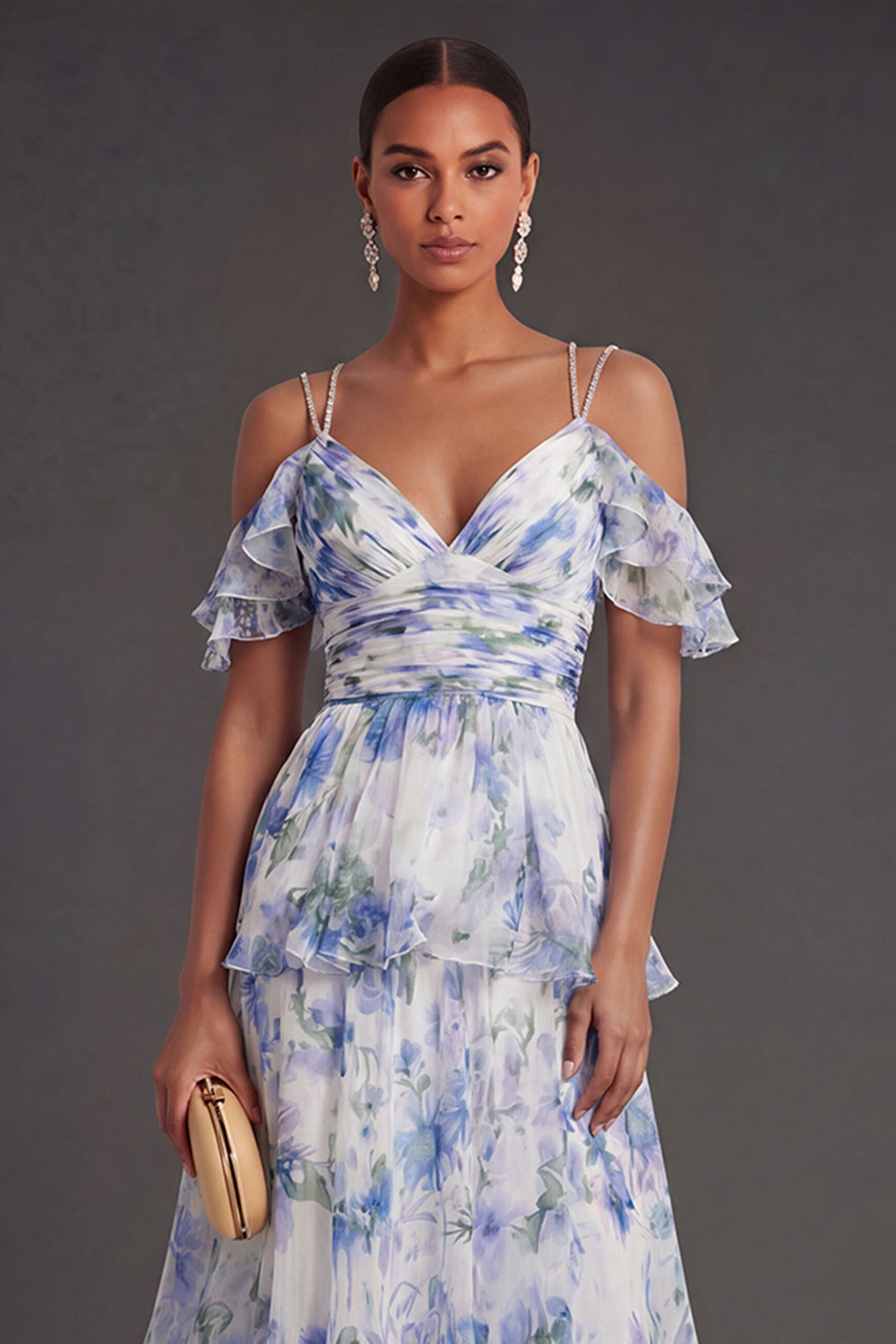 Light Blue Floral Tiered Ruffled Long Wedding Guest Dress