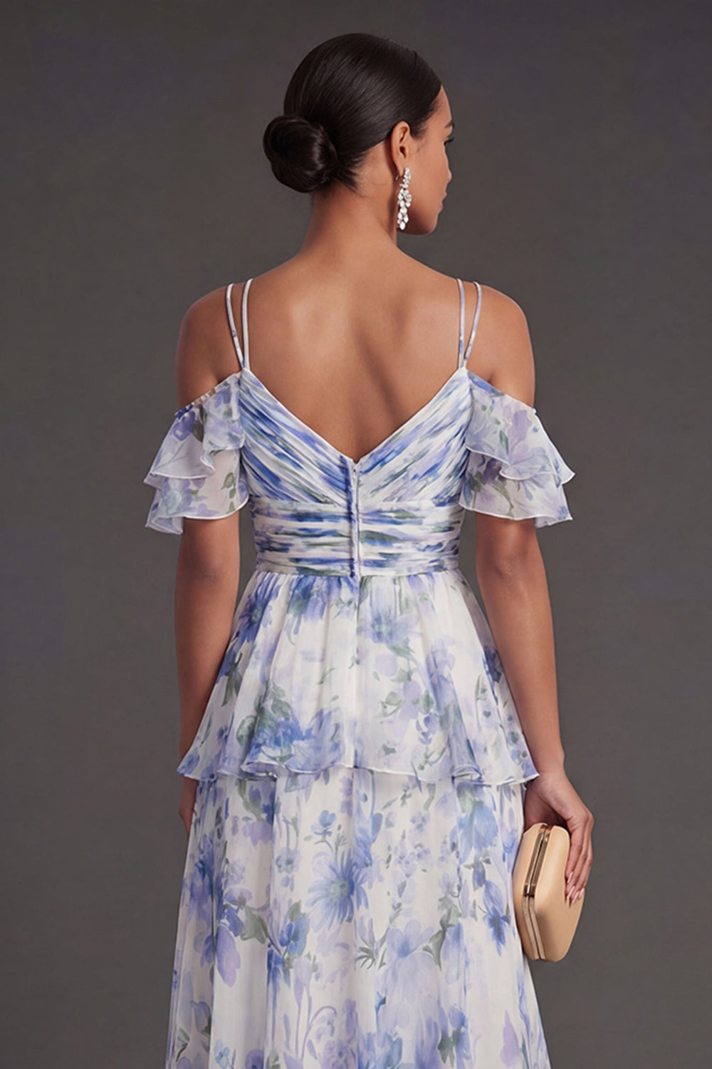 Light Blue Floral Tiered Ruffled Long Wedding Guest Dress