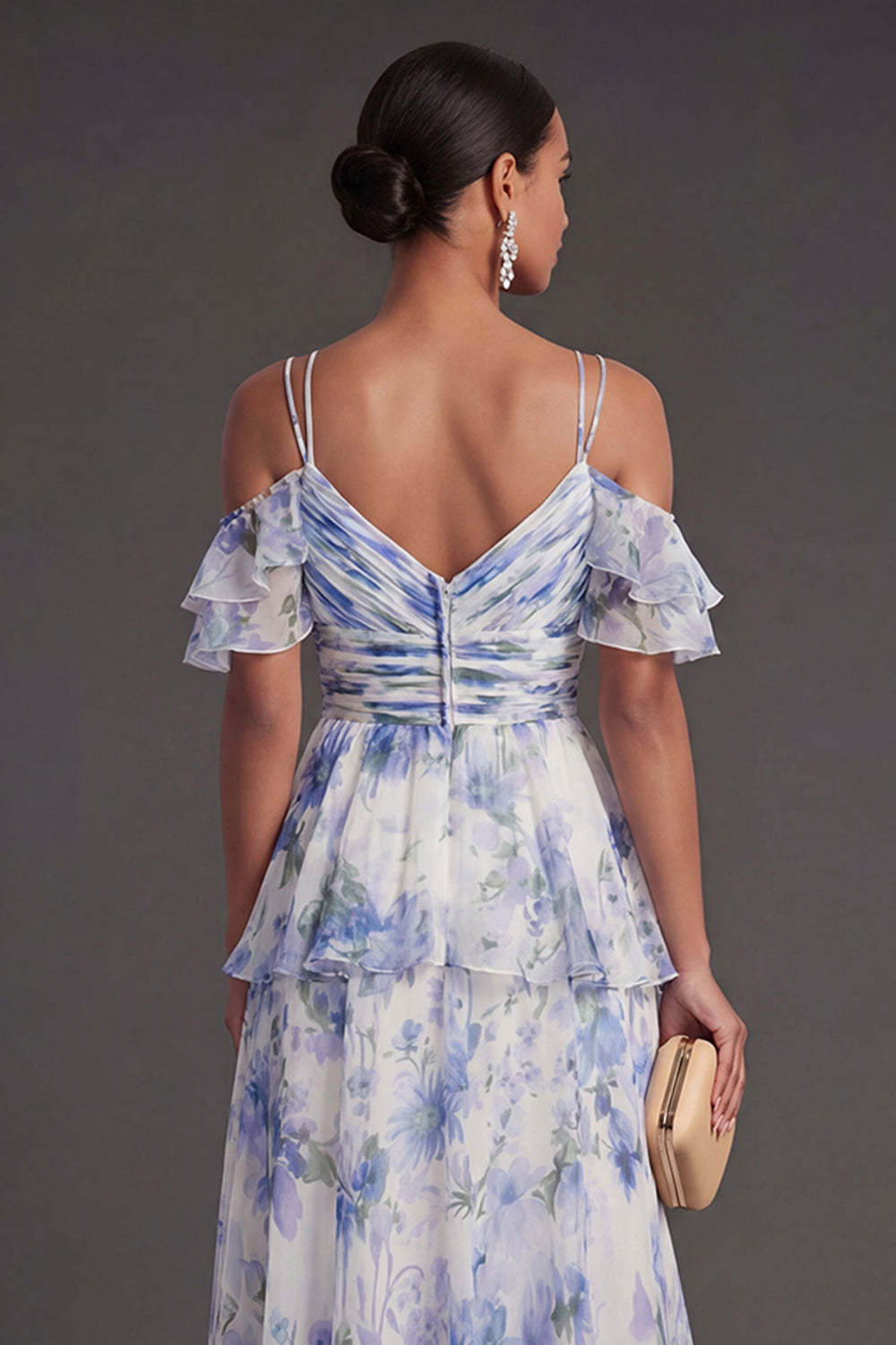 Light Blue Floral Tiered Ruffled Long Wedding Guest Dress