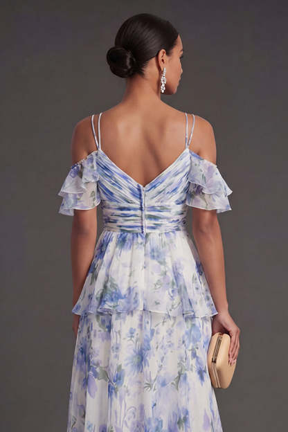 Light Blue Floral Tiered Ruffled Long Wedding Guest Dress