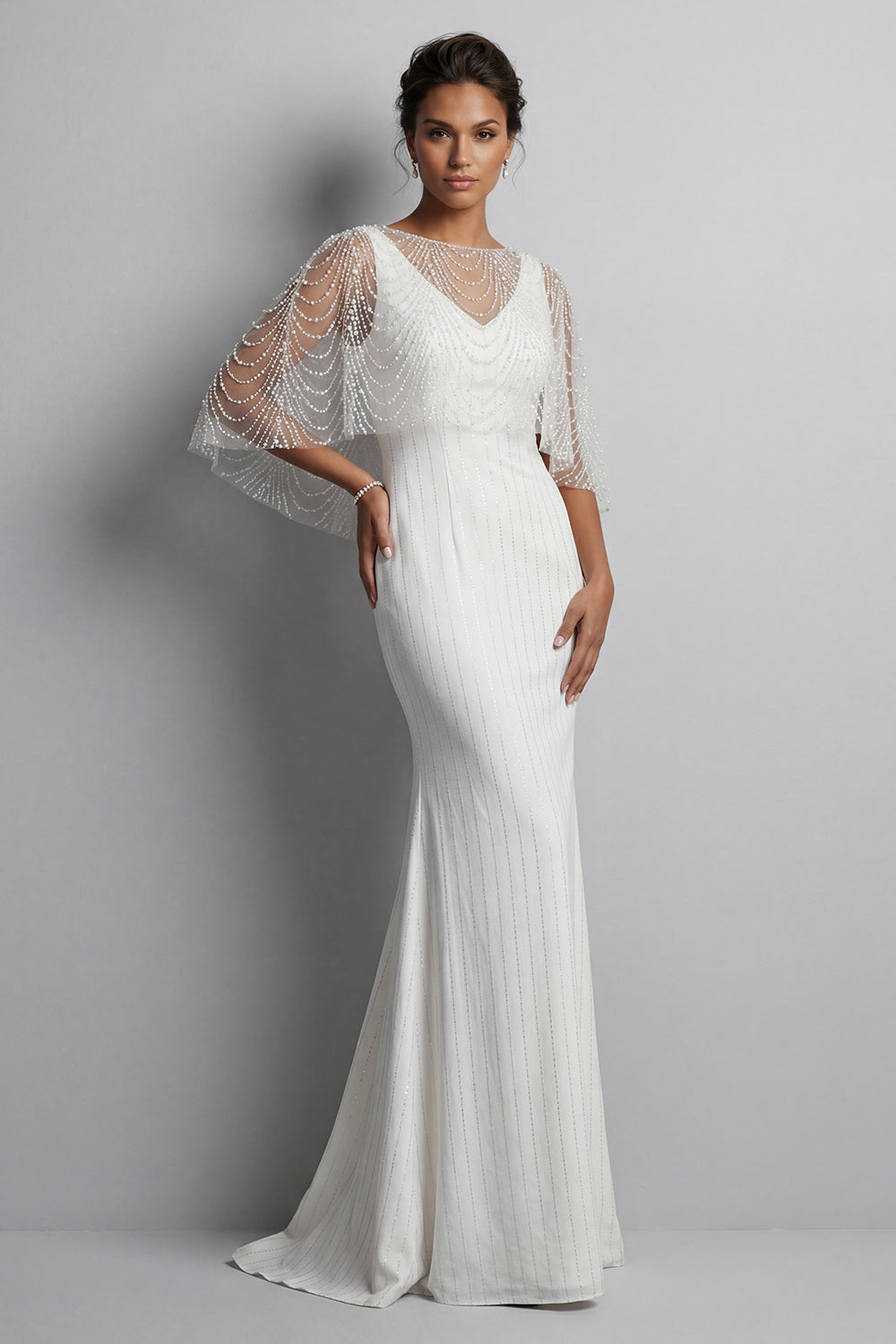 White Mermaid Backless Long Mother of the Brides Dress with Cape
