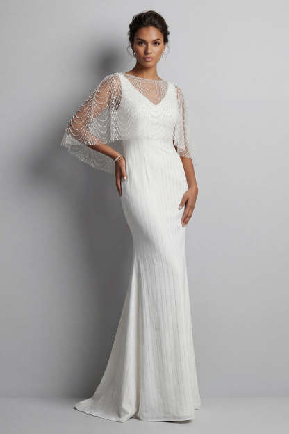 Leely Women White Mermaid Backless Long Mother of the Brides Dress with Cape Thick Straps Backless Formal Dress