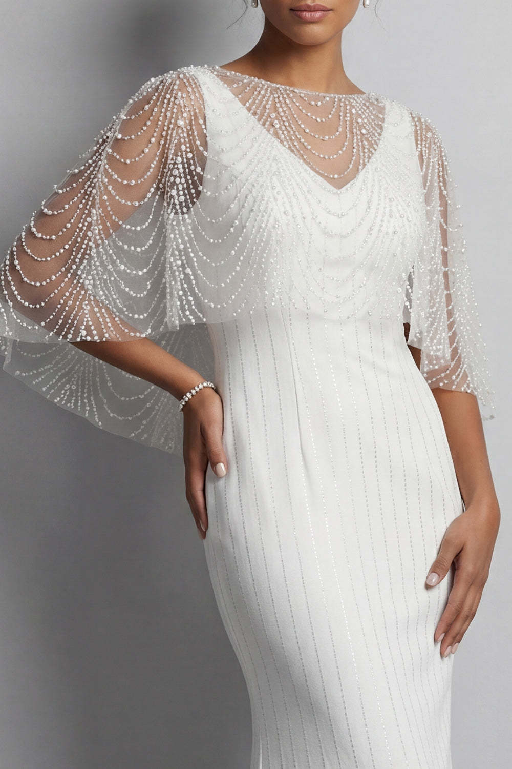White Mermaid Backless Long Mother of the Brides Dress with Cape